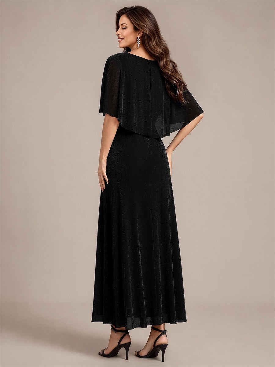 Bodenlang mit A-Linie, Cape-Ärmel, und brautmutterkleid #Farbe_Schwarz