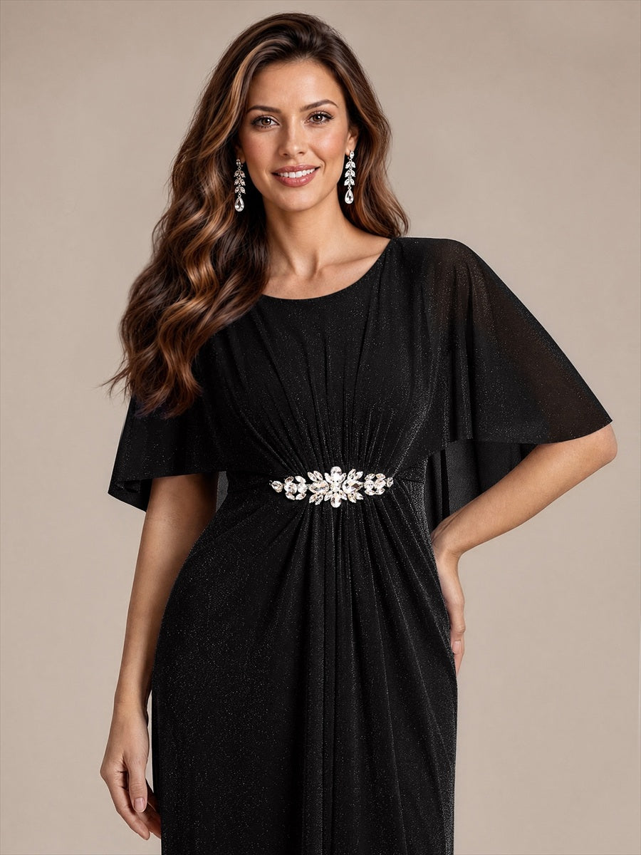 Bodenlang mit A-Linie, Cape-Ärmel, und brautmutterkleid #Farbe_Schwarz