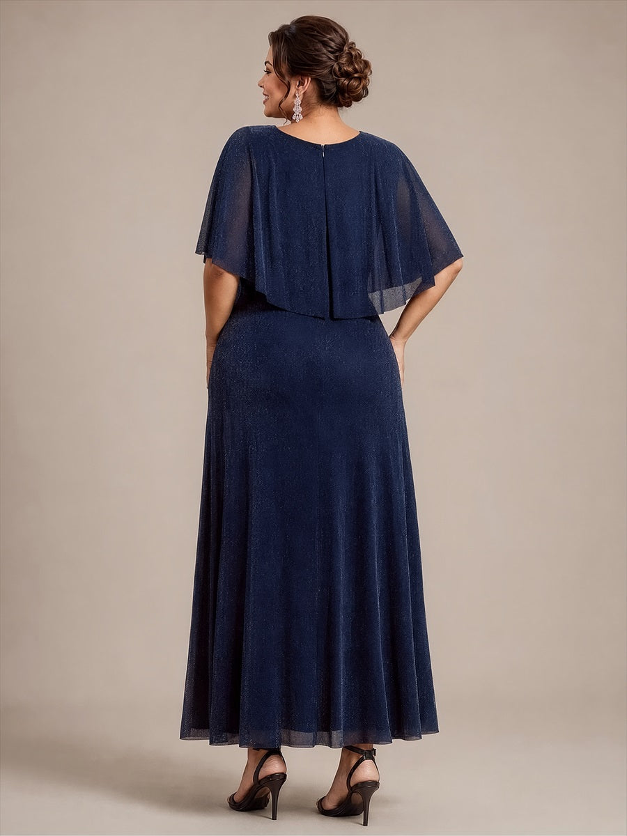 Bodenlang mit A-Linie, Cape-Ärmel, und brautmutterkleid #Farbe_Marineblau