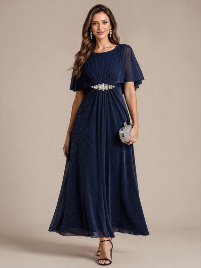 Bodenlang mit A-Linie, Cape-Ärmel, und brautmutterkleid #Farbe_Marineblau