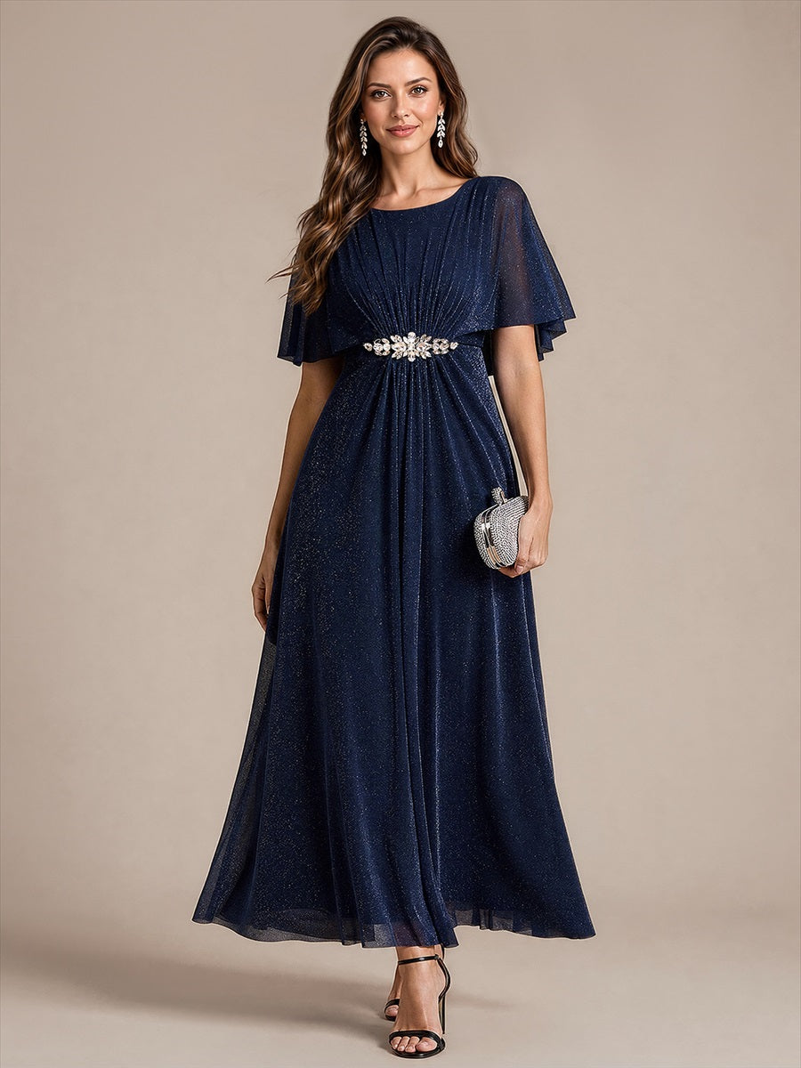 Bodenlang mit A-Linie, Cape-Ärmel, und brautmutterkleid #Farbe_Marineblau