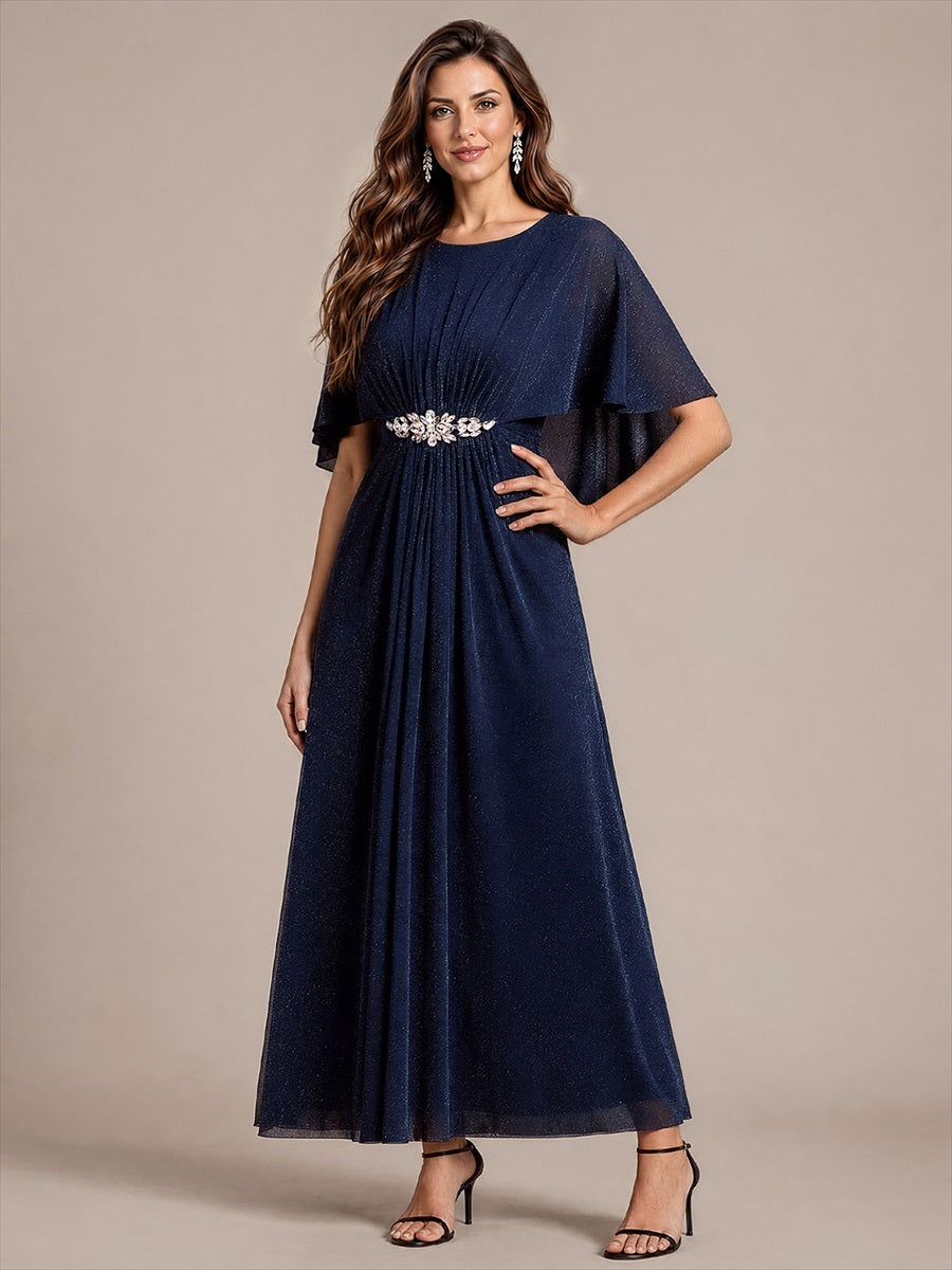 Bodenlang mit A-Linie, Cape-Ärmel, und brautmutterkleid #Farbe_Marineblau