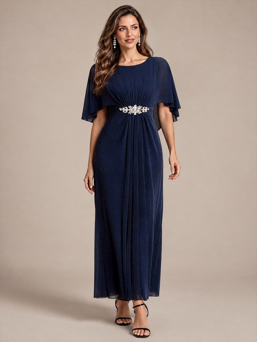 Bodenlang mit A-Linie, Cape-Ärmel, und brautmutterkleid #Farbe_Marineblau