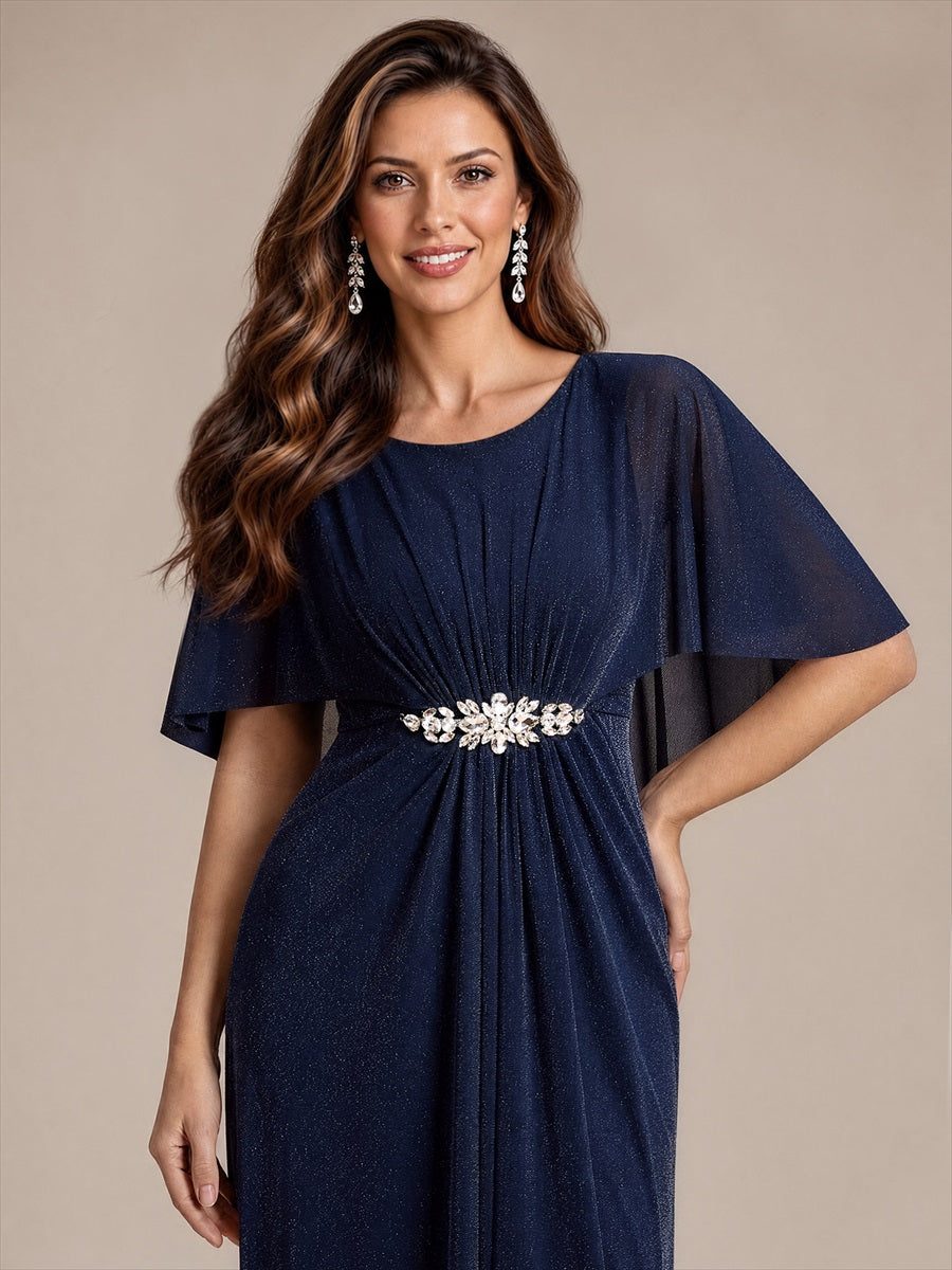 Bodenlang mit A-Linie, Cape-Ärmel, und brautmutterkleid #Farbe_Marineblau