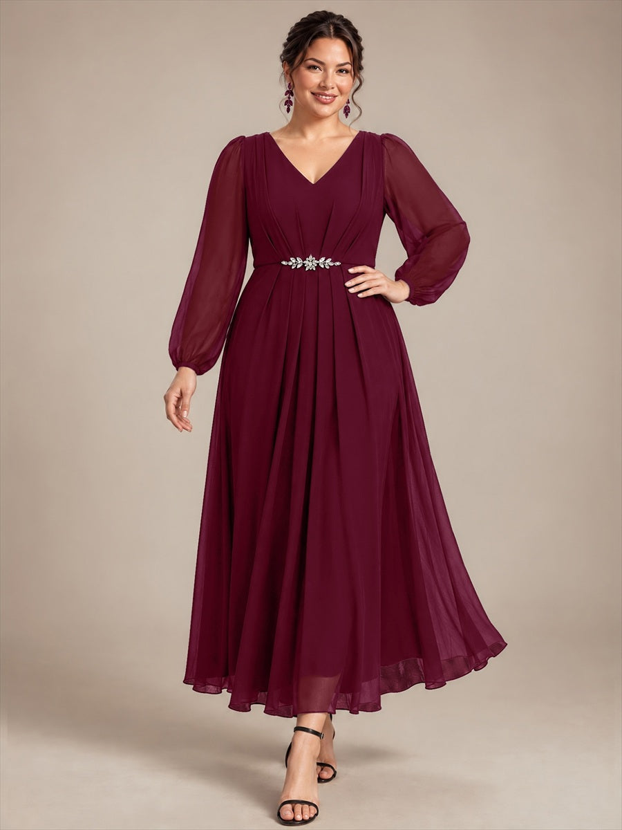 Chiffon Brautmutterkleid mit V-Ausschnitt und Puffärmeln brautmutterkleid #Farbe_Burgunderrot