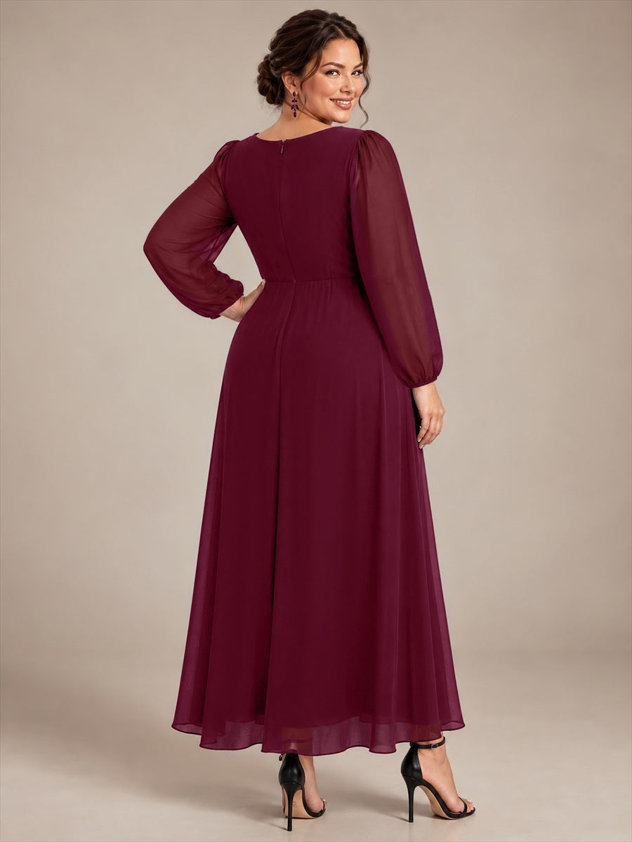 Chiffon Brautmutterkleid mit V-Ausschnitt und Puffärmeln brautmutterkleid #Farbe_Burgunderrot