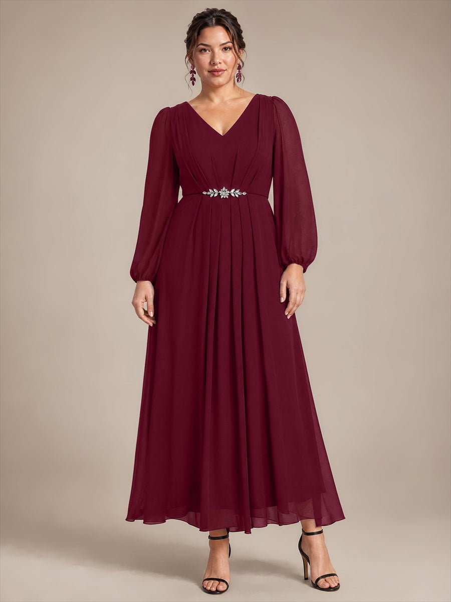 Chiffon Brautmutterkleid mit V-Ausschnitt und Puffärmeln brautmutterkleid #Farbe_Burgunderrot