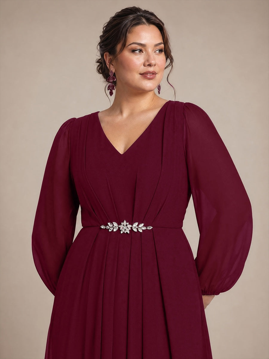 Chiffon Brautmutterkleid mit V-Ausschnitt und Puffärmeln brautmutterkleid #Farbe_Burgunderrot