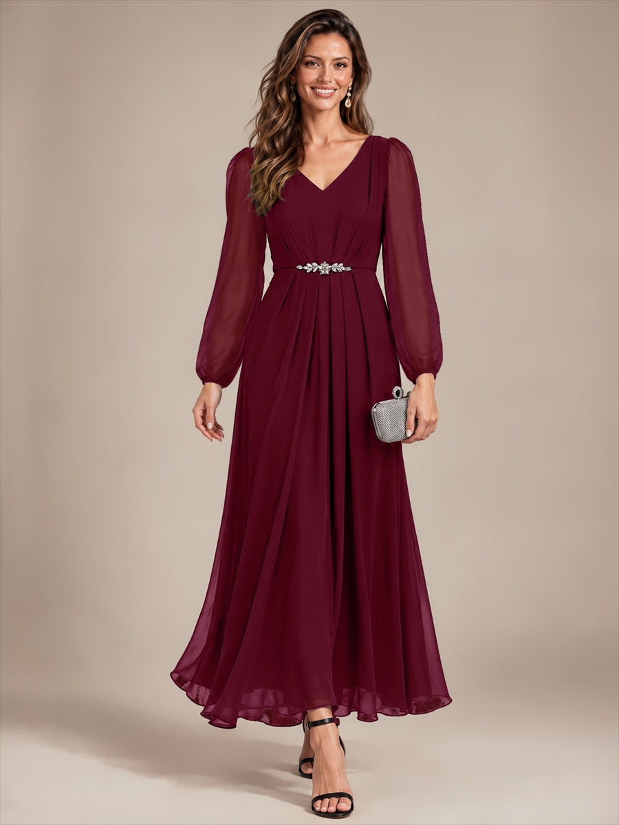 Chiffon Brautmutterkleid mit V-Ausschnitt und Puffärmeln brautmutterkleid #Farbe_Burgunderrot