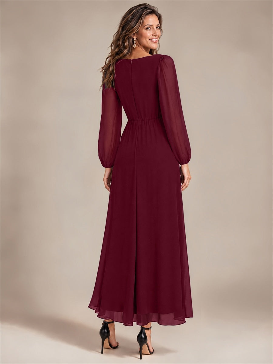 Chiffon Brautmutterkleid mit V-Ausschnitt und Puffärmeln brautmutterkleid #Farbe_Burgunderrot