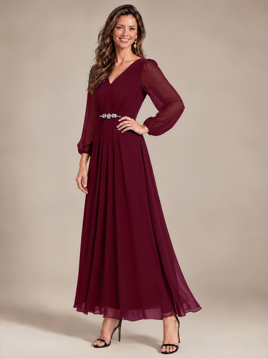 Chiffon Brautmutterkleid mit V-Ausschnitt und Puffärmeln brautmutterkleid #Farbe_Burgunderrot
