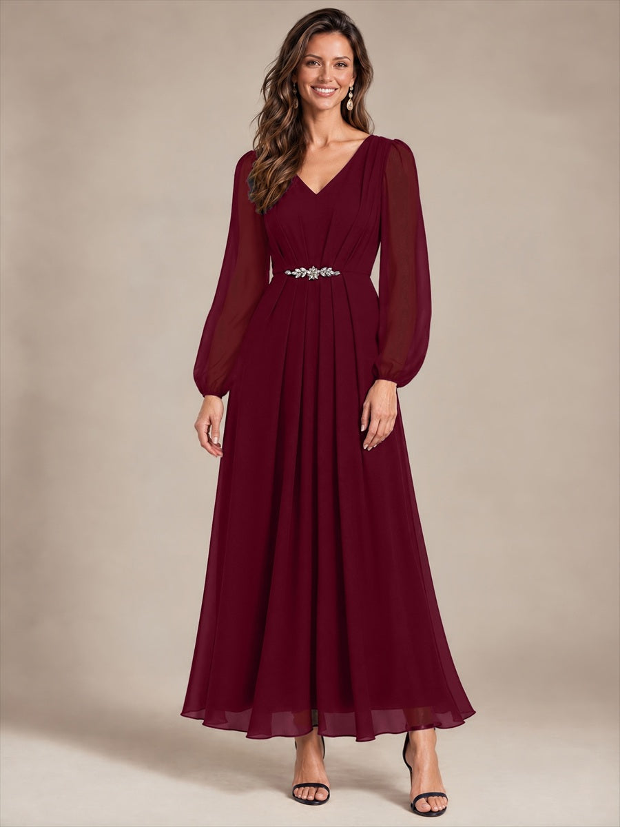 Chiffon Brautmutterkleid mit V-Ausschnitt und Puffärmeln brautmutterkleid #Farbe_Burgunderrot