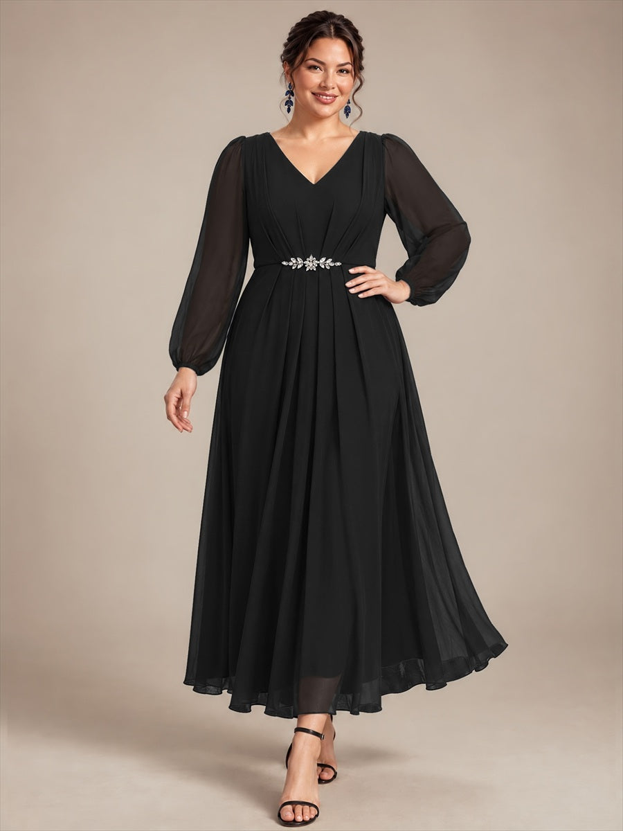 Chiffon Brautmutterkleid mit V-Ausschnitt und Puffärmeln brautmutterkleid #Farbe_Schwarz