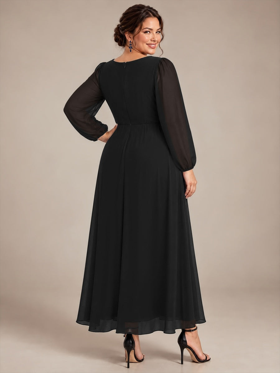 Chiffon Brautmutterkleid mit V-Ausschnitt und Puffärmeln brautmutterkleid #Farbe_Schwarz