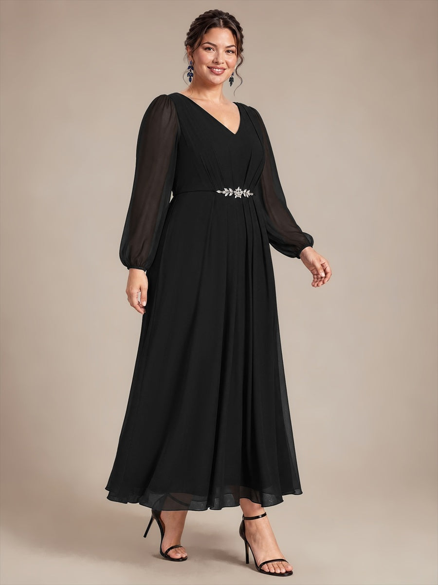 Chiffon Brautmutterkleid mit V-Ausschnitt und Puffärmeln brautmutterkleid #Farbe_Schwarz