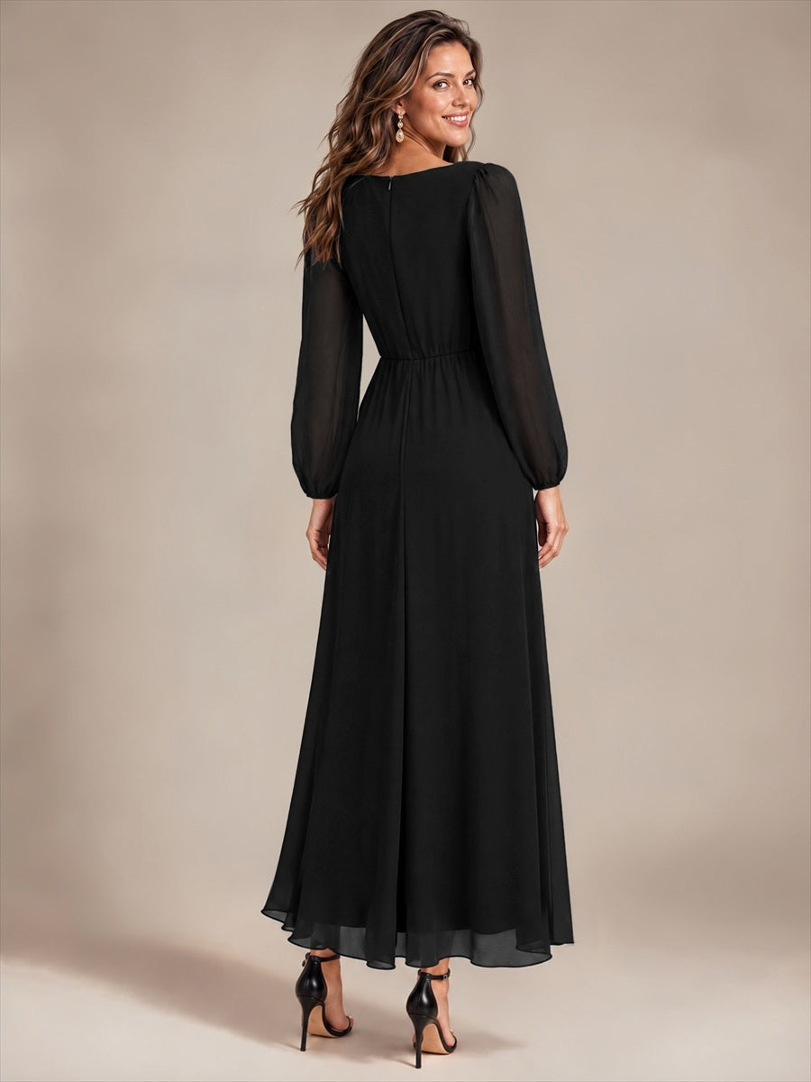 Chiffon Brautmutterkleid mit V-Ausschnitt und Puffärmeln brautmutterkleid #Farbe_Schwarz