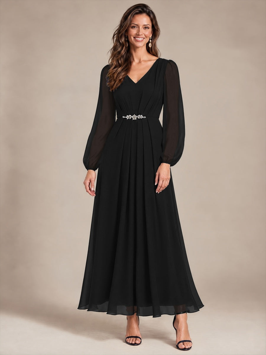 Chiffon Brautmutterkleid mit V-Ausschnitt und Puffärmeln brautmutterkleid #Farbe_Schwarz