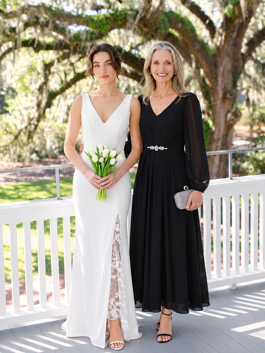 Chiffon Brautmutterkleid mit V-Ausschnitt und Puffärmeln brautmutterkleid #Farbe_Schwarz
