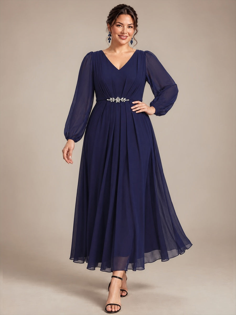 Chiffon Brautmutterkleid mit V-Ausschnitt und Puffärmeln brautmutterkleid #Farbe_Marineblau