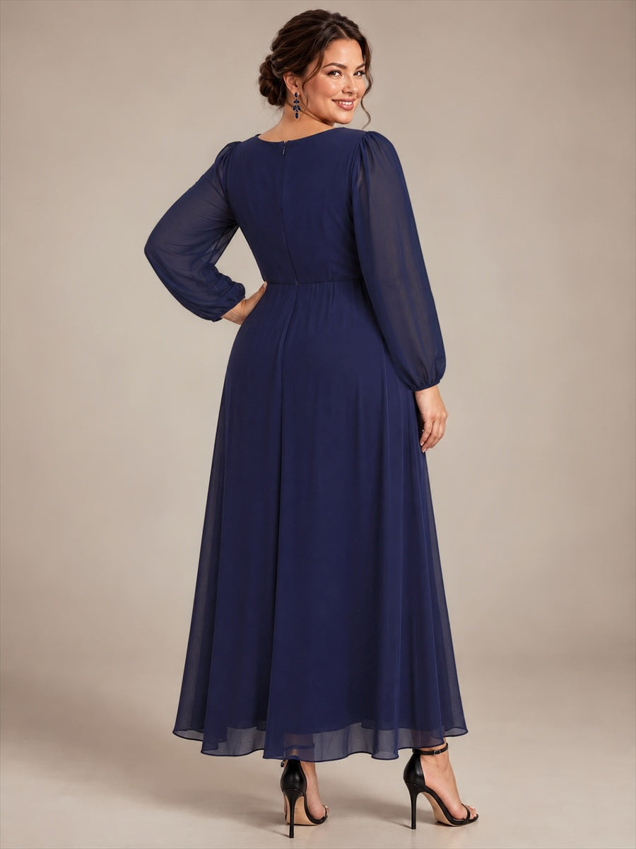 Chiffon Brautmutterkleid mit V-Ausschnitt und Puffärmeln brautmutterkleid #Farbe_Marineblau