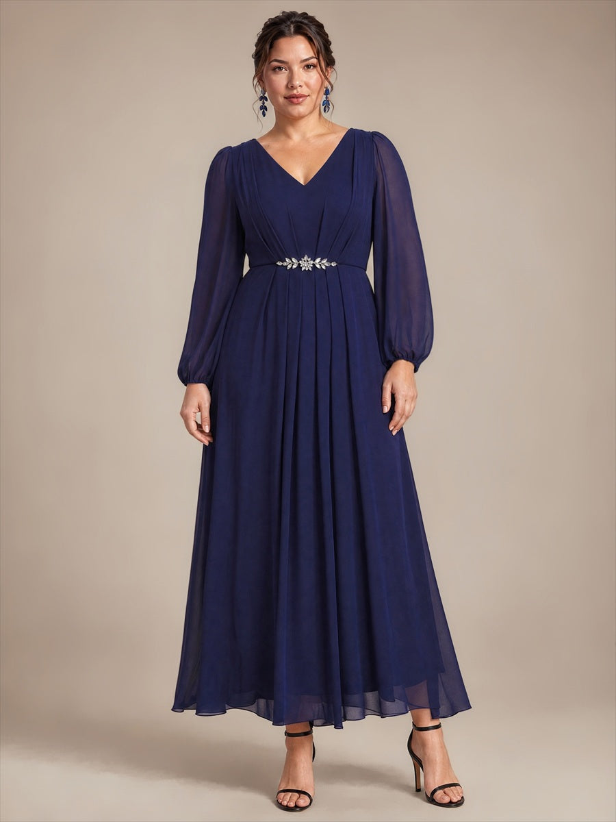 Chiffon Brautmutterkleid mit V-Ausschnitt und Puffärmeln brautmutterkleid #Farbe_Marineblau
