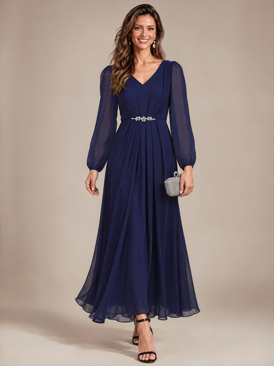 Chiffon Brautmutterkleid mit V-Ausschnitt und Puffärmeln brautmutterkleid #Farbe_Marineblau