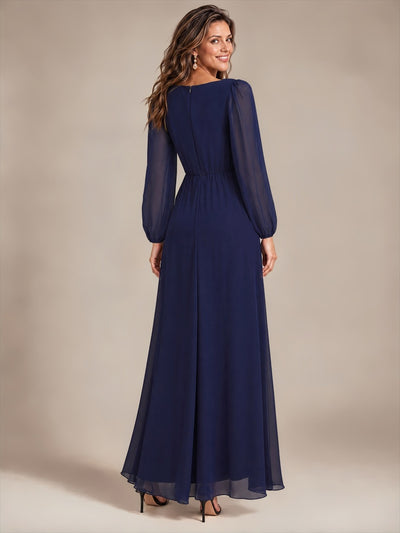 Chiffon Brautmutterkleid mit V-Ausschnitt und Puffärmeln brautmutterkleid #Farbe_Marineblau