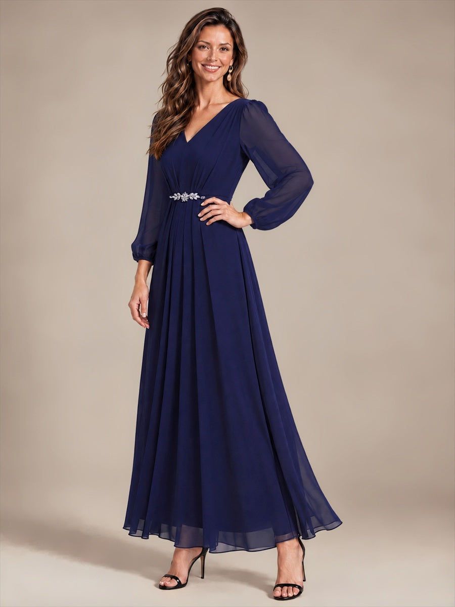 Chiffon Brautmutterkleid mit V-Ausschnitt und Puffärmeln brautmutterkleid #Farbe_Marineblau