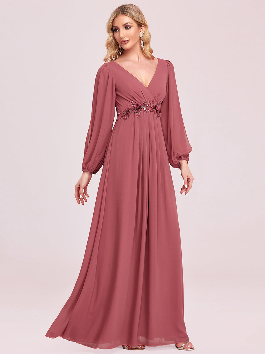 A-Linie Chiffon Lang mit Ärmel Brautmutterkleider #Farbe_Beige-Braun