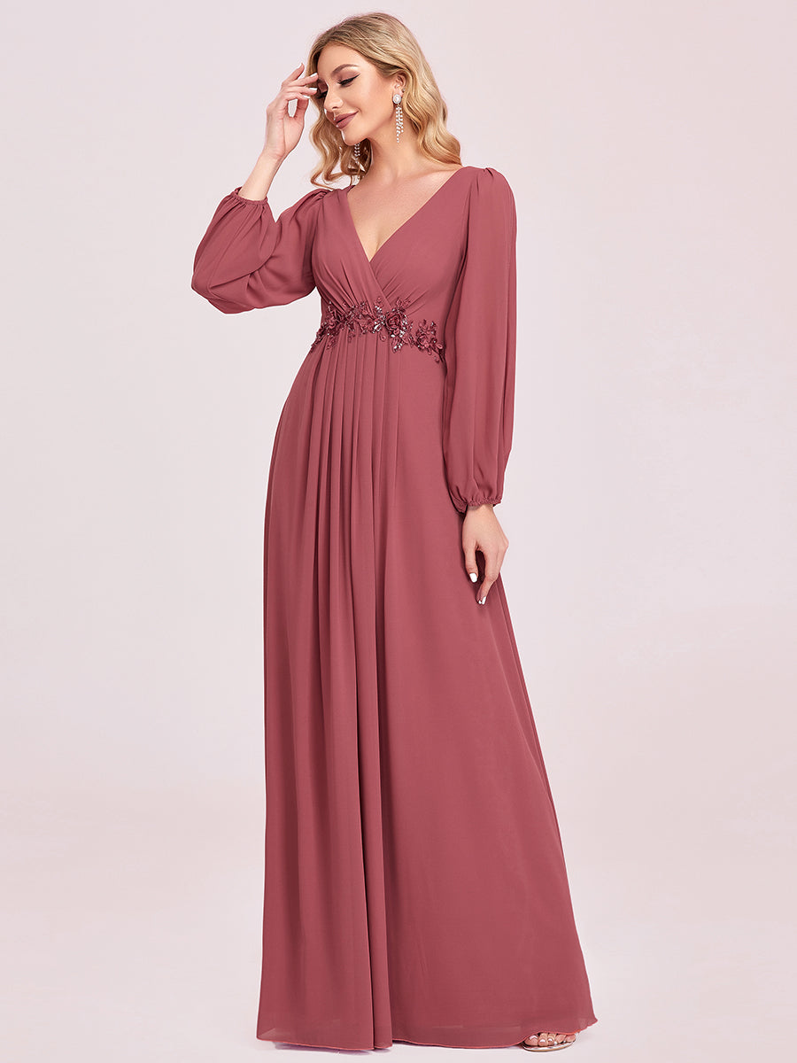 A-Linie Chiffon Lang mit Ärmel Brautmutterkleider #Farbe_Beige-Braun