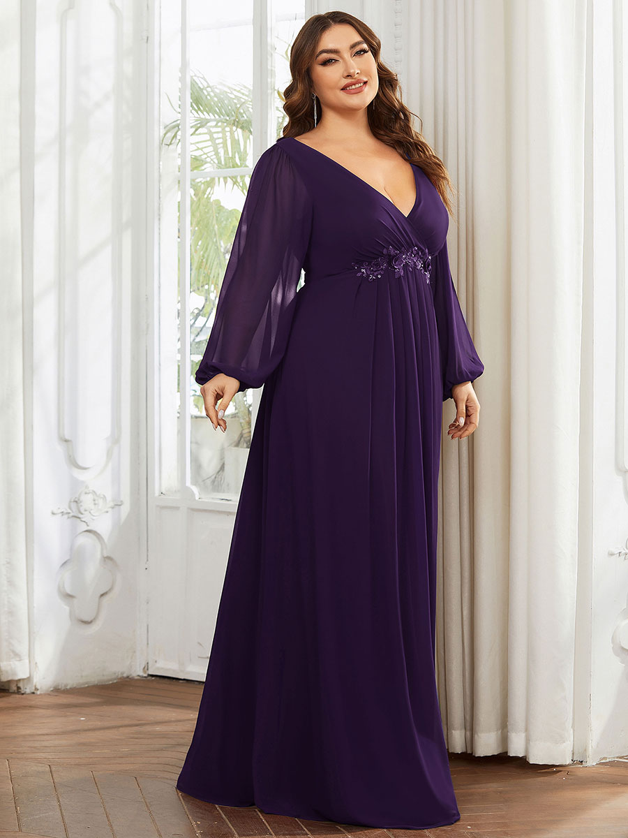 A-Linie Chiffon Lang mit Ärmel Brautmutterkleider #Farbe_Dunkelviolett