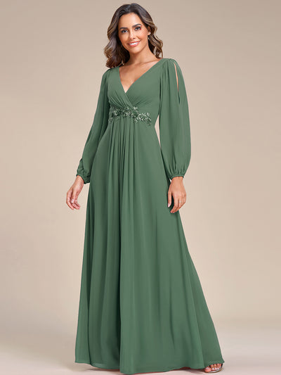 A-Linie Chiffon Lang mit Ärmel Brautmutterkleider #Farbe_Eukalyptus