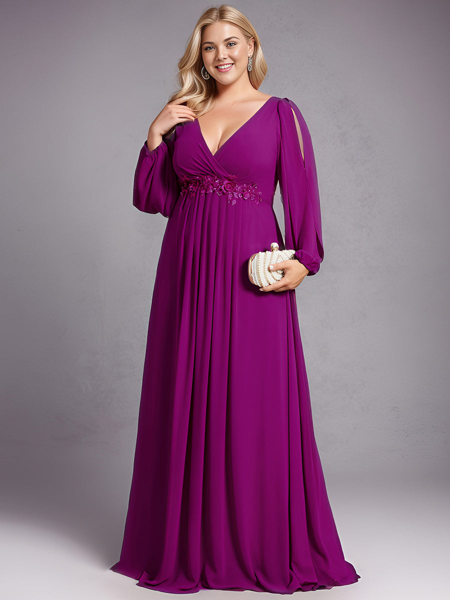 A-Linie Chiffon Lang mit Ärmel Brautmutterkleider #Farbe_Fuchsia