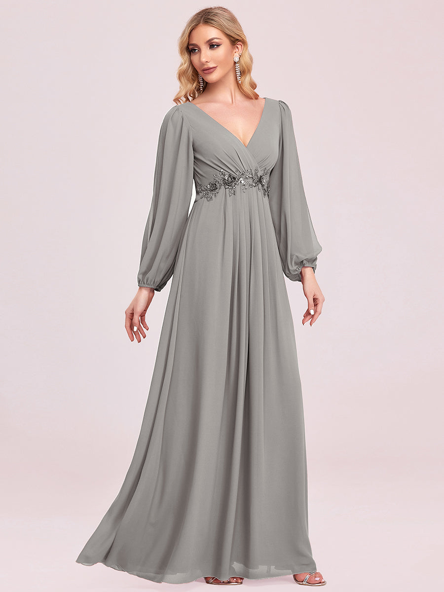 A-Linie Chiffon Lang mit Ärmel Brautmutterkleider #Farbe_Grau