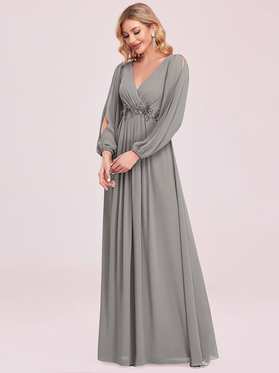 A-Linie Chiffon Lang mit Ärmel Brautmutterkleider #Farbe_Grau