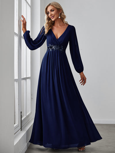 A-Linie Chiffon Lang mit Ärmel Brautmutterkleider #Farbe_Marineblau