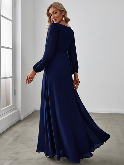 A-Linie Chiffon Lang mit Ärmel Brautmutterkleider #Farbe_Marineblau