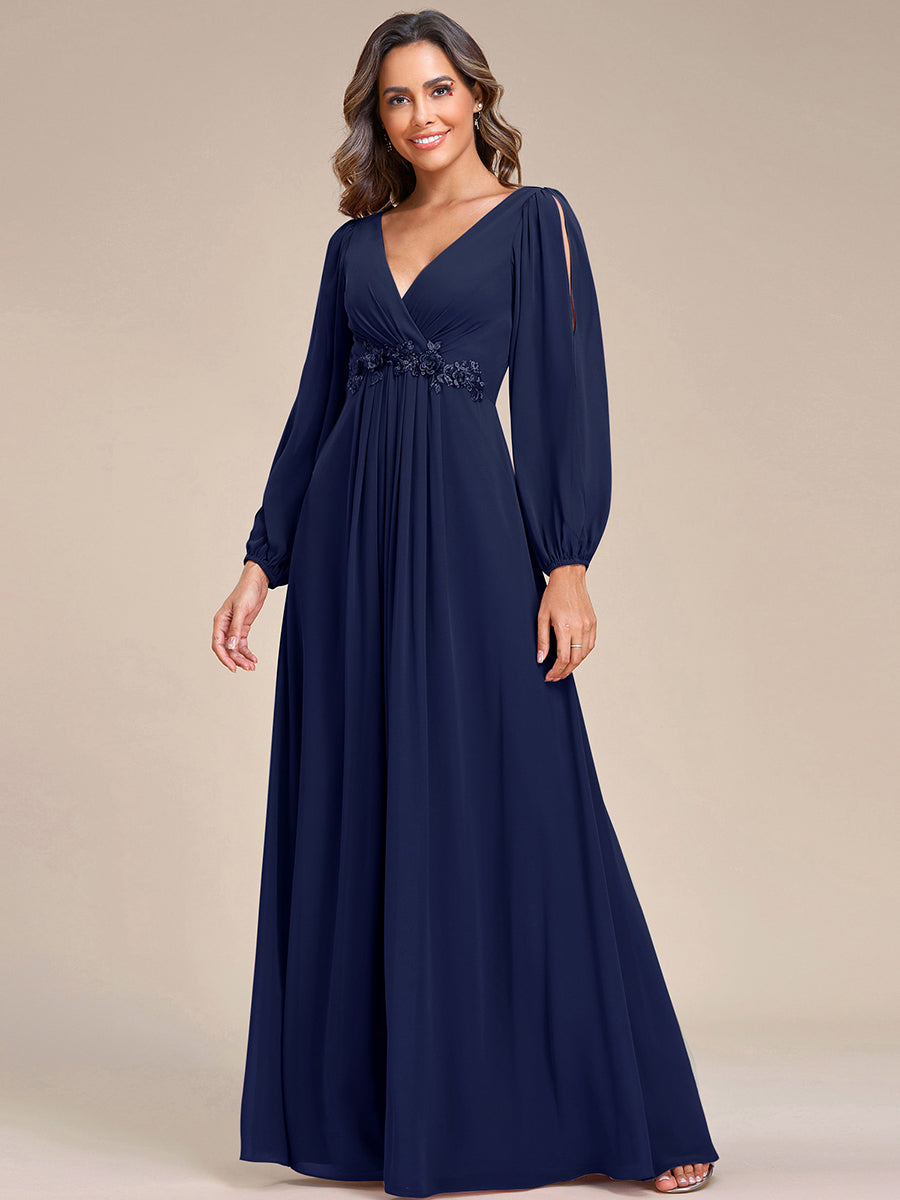 A-Linie Chiffon Lang mit Ärmel Brautmutterkleider #Farbe_Marineblau