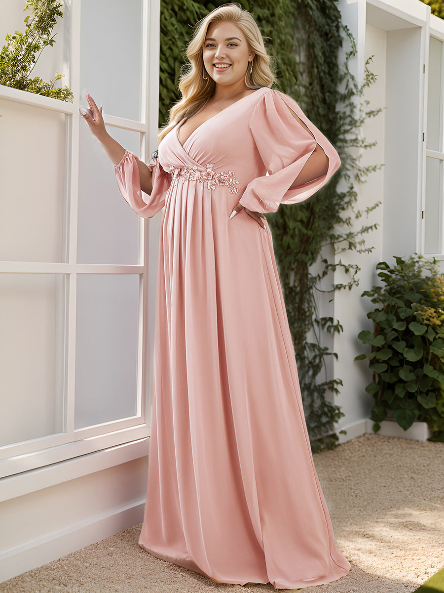 A-Linie Chiffon Lang mit Ärmel Brautmutterkleider #Farbe_Rosa