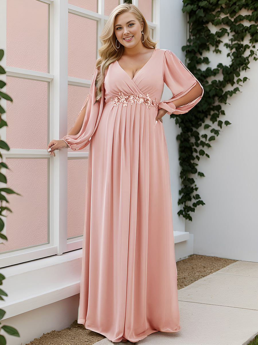 A-Linie Chiffon Lang mit Ärmel Brautmutterkleider #Farbe_Rosa