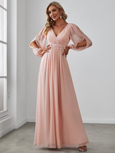 A-Linie Chiffon Lang mit Ärmel Brautmutterkleider #Farbe_Rosa