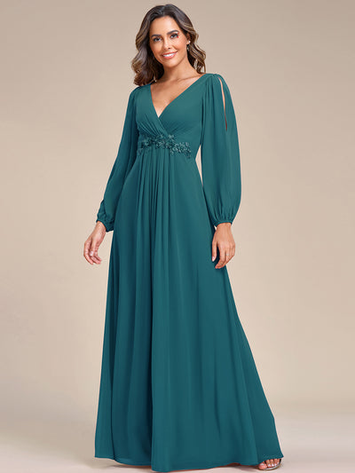 A-Linie Chiffon Lang mit Ärmel Brautmutterkleider #Farbe_Petrol