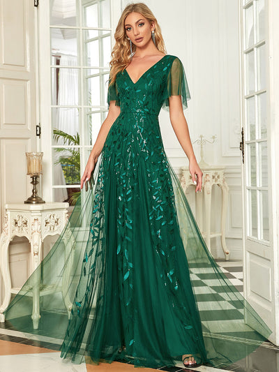 Bodenlanger V-Ausschnitt A-Linie Pailletten Kleid Mit Tiefem V-Ausschnitt Und Funkelnden Details #Farbe_Dunkelgrün