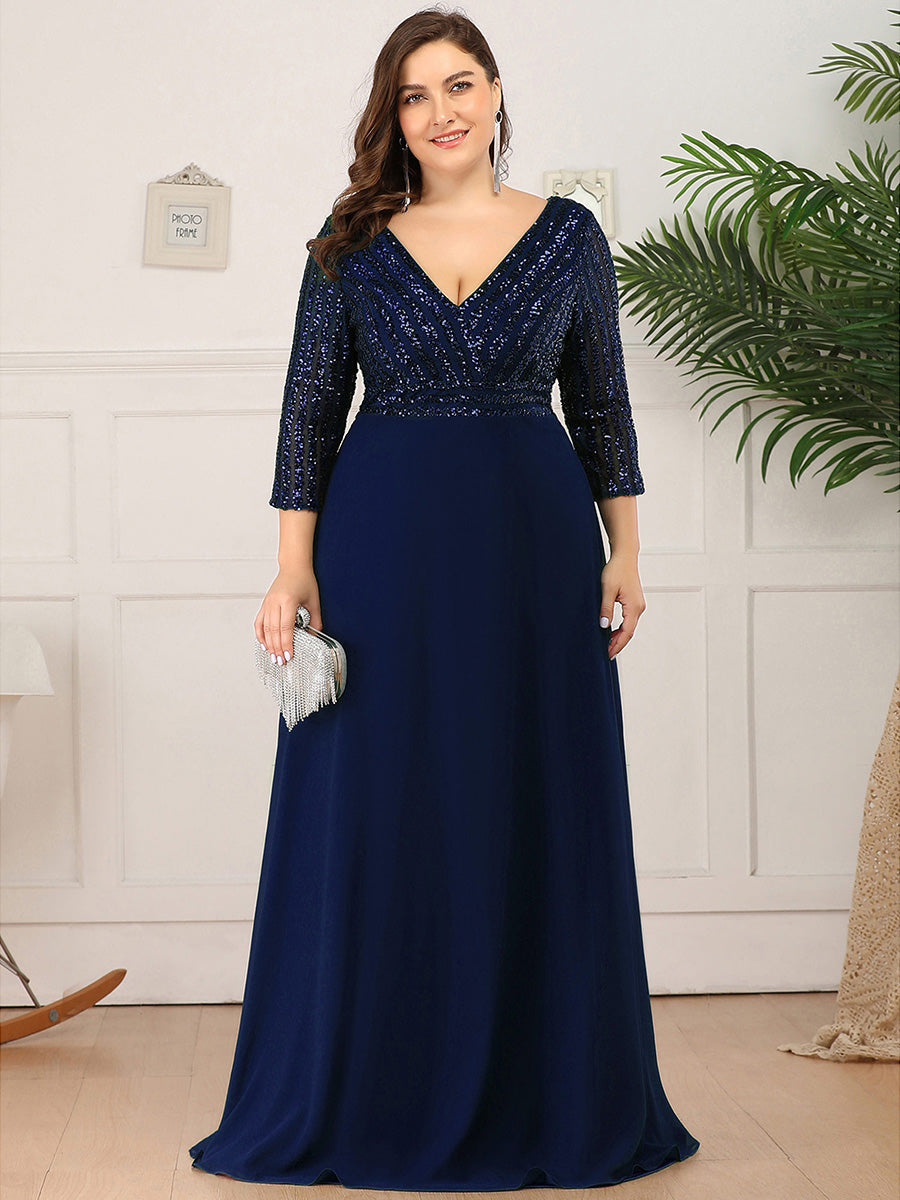 Übergrößen Bodenlanger V-Ausschnitt A-Linie Pailletten Kleid Mit Durchsichtigen Patchwork Details #Farbe_Marineblau