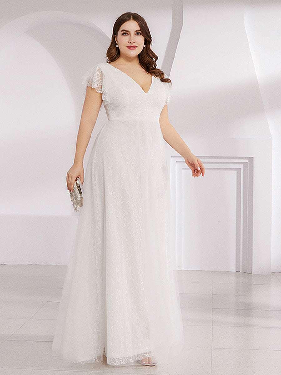V-Ausschnitt Empire-Taille Blumenspitze Hochzeit Brautjungfernkleid#Farbe_Weiß