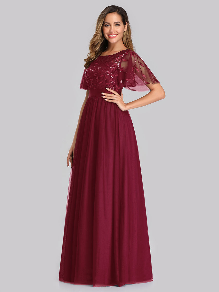 Damen A-Line Kurzarm Stickerei Bodenlanges Abendkleid #Farbe_Burgunderrot