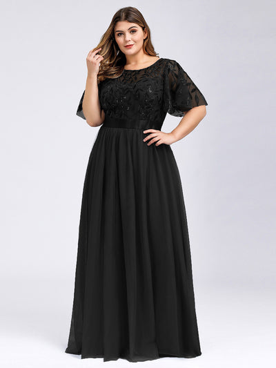 Damen A-Line Kurzarm Bodenlanges Abendkleid 00904 #farbe_Schwarz