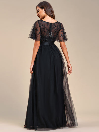 Damen A-Line Kurzarm Stickerei Bodenlanges Abendkleid #Farbe_Schwarz