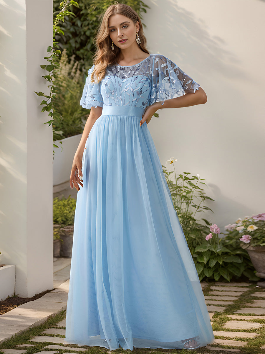 Damen A-Line Kurzarm Stickerei Bodenlanges Abendkleid #Farbe_Himmelblau