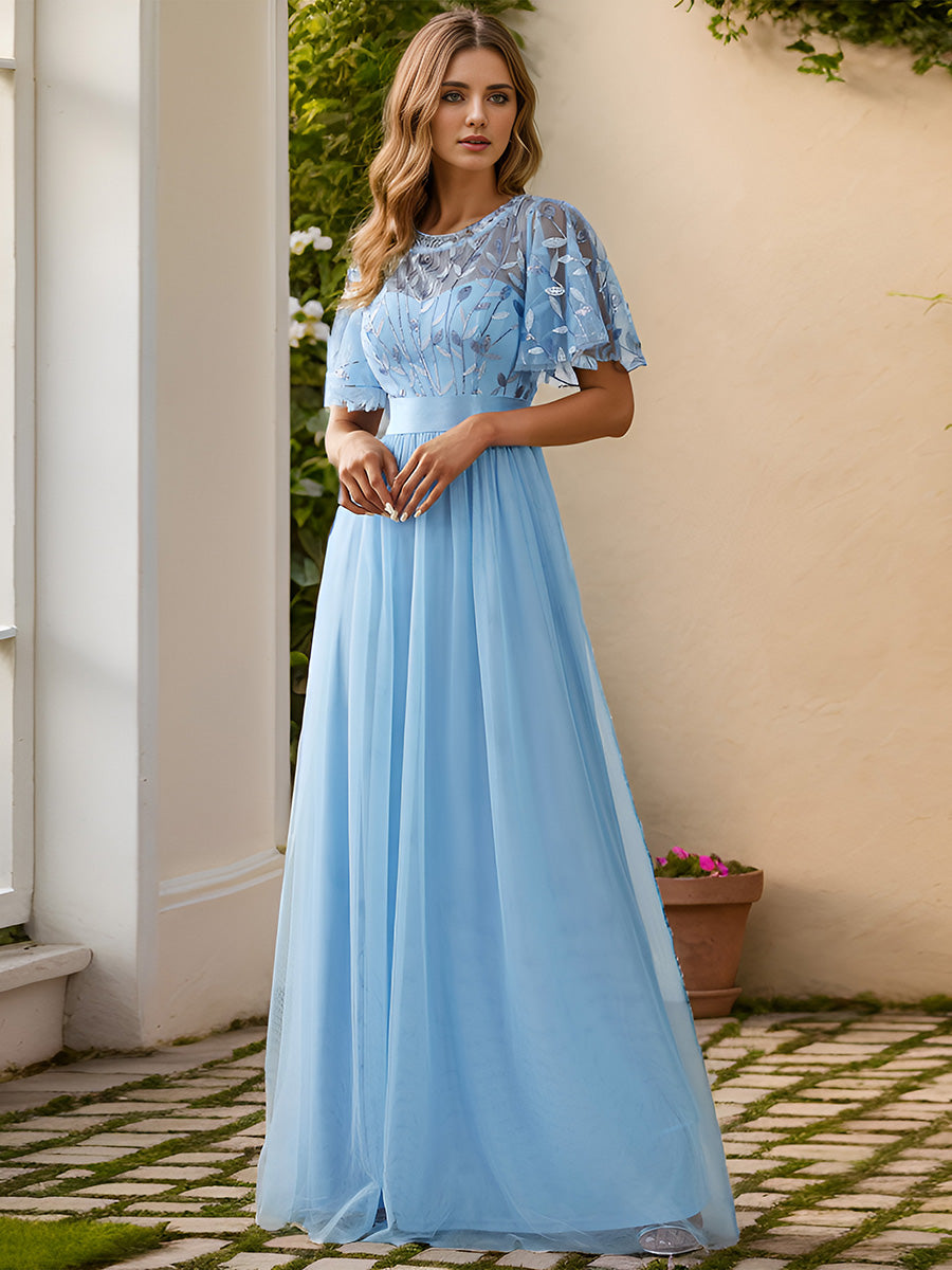 Damen A-Line Kurzarm Stickerei Bodenlanges Abendkleid #Farbe_Himmelblau